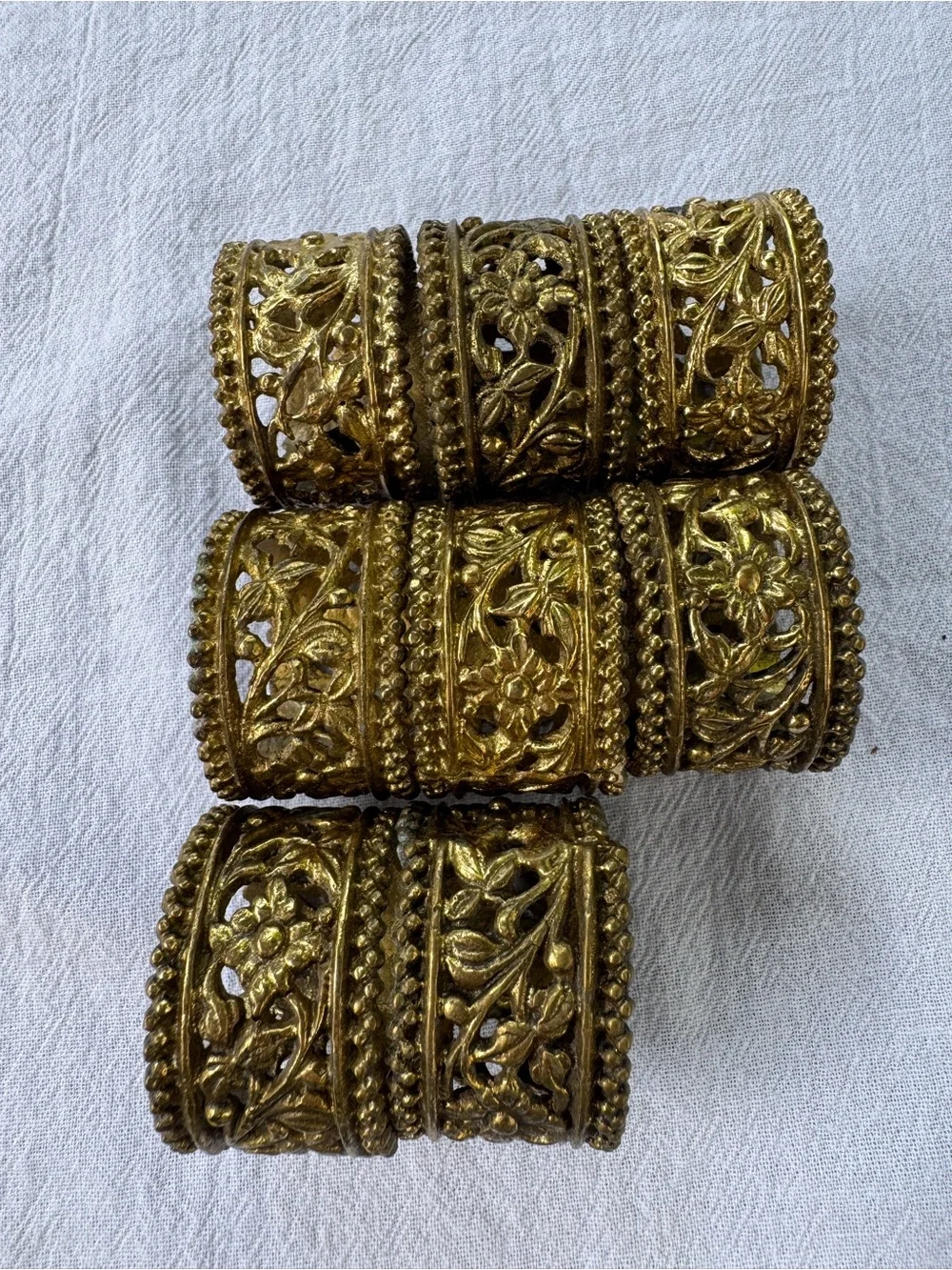 Vintage Gold Tone Filigree Napkin Rings Set of 8 Floral Scroll Metal